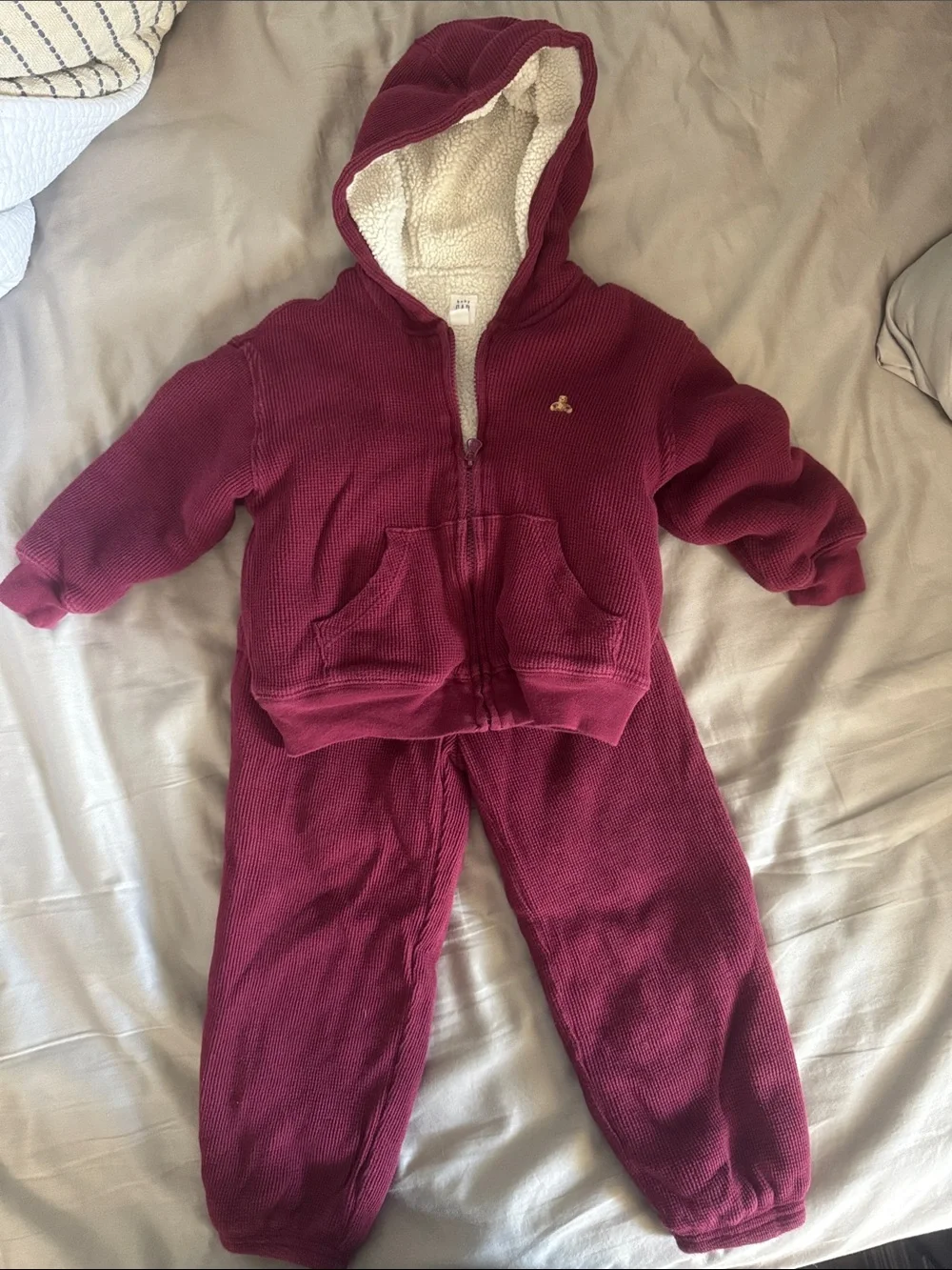 GAP Baby Cream Sherpa Lined Jacket with Maroon Knit Exterior